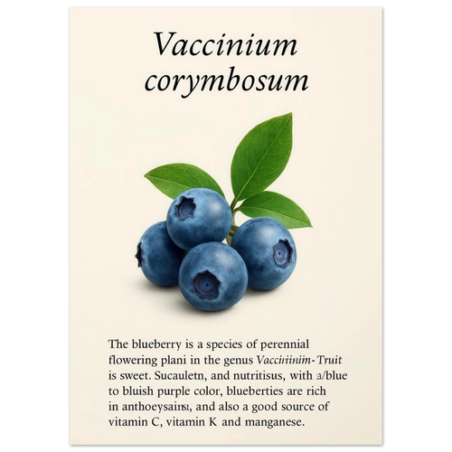Frukter Botanisk Poster: Vaccinium Corymbosum (Blåbär) Konsttryck med levande blå nyanser och din valda storlek