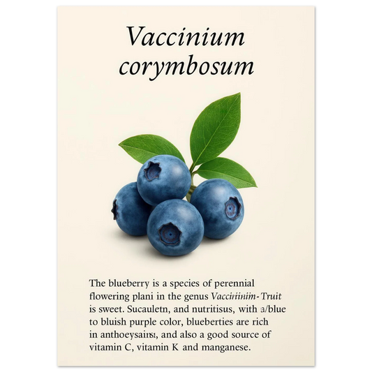 Frukter Botanisk Poster: Vaccinium Corymbosum (Blåbär) Konsttryck med levande blå nyanser och din valda storlek