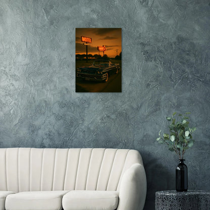 Vintage Sunset Motel Drive: Classic Car Poster - Timeless Retro Vibes