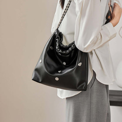 Black Rivet Studded Leather Tote Bag-3