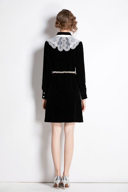 Black Velvet Embroidered Collar Button Up Long Sleeve Dress-3