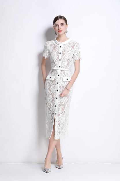 Blanca Slim Fit Round Neck Button Down Lace Dress-2