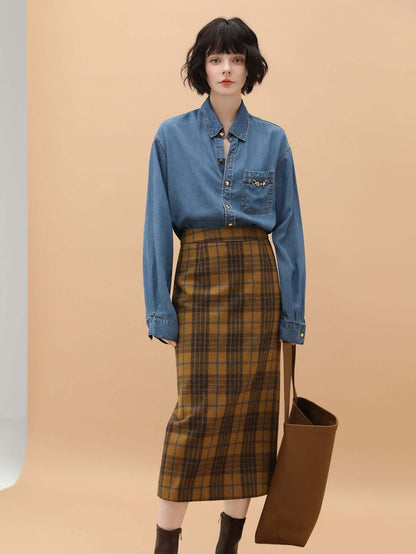 British-Style Brown Plaid Midi Skirt-2