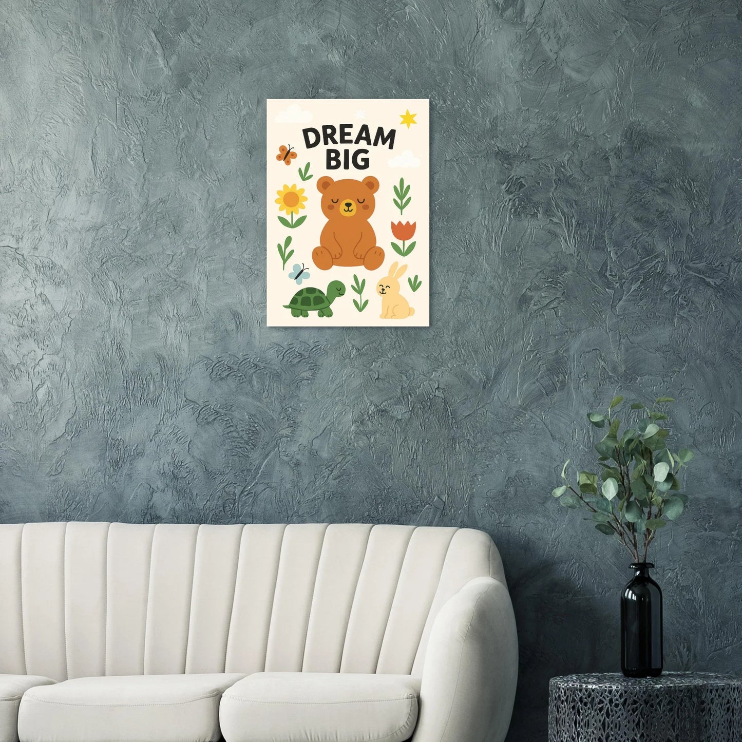 Dream Big Forest Friends Poster: Adorable Bear, Rabbit & Turtle Art Print for Kids' Rooms