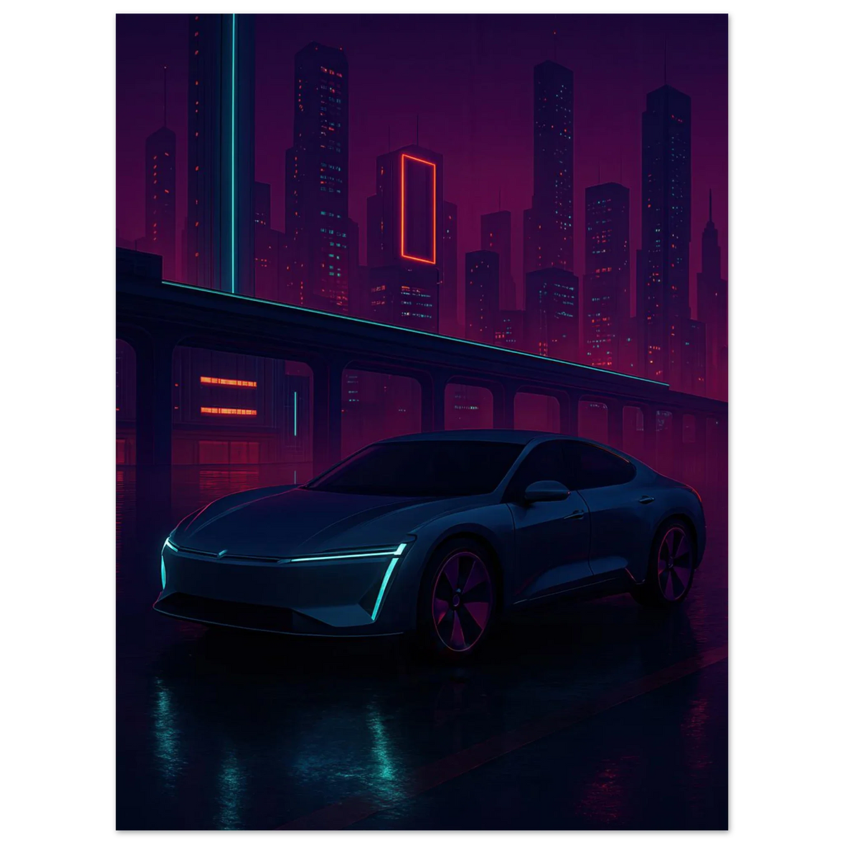 Neon Night Rider: Futuristisk Bilkonsttryck i cyberpunkstil