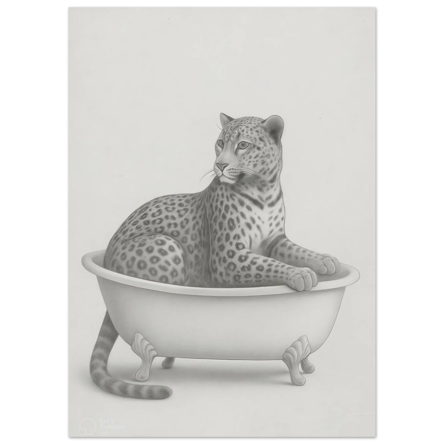 Sophisticated Leopard in Bathtub Art Print – Elegant Monochromatic Wall Decor in Various Sizes