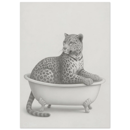 Sophisticated Leopard in Bathtub Art Print – Elegant Monochromatic Wall Decor in Various Sizes