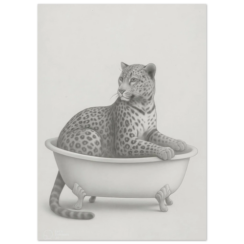 Sophisticated Leopard in Bathtub Art Print – Elegant Monochromatic Wall Decor in Various Sizes