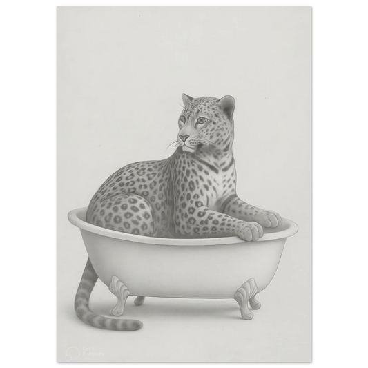 Sophisticated Leopard in Bathtub Art Print – Elegant Monochromatic Wall Decor in Various Sizes