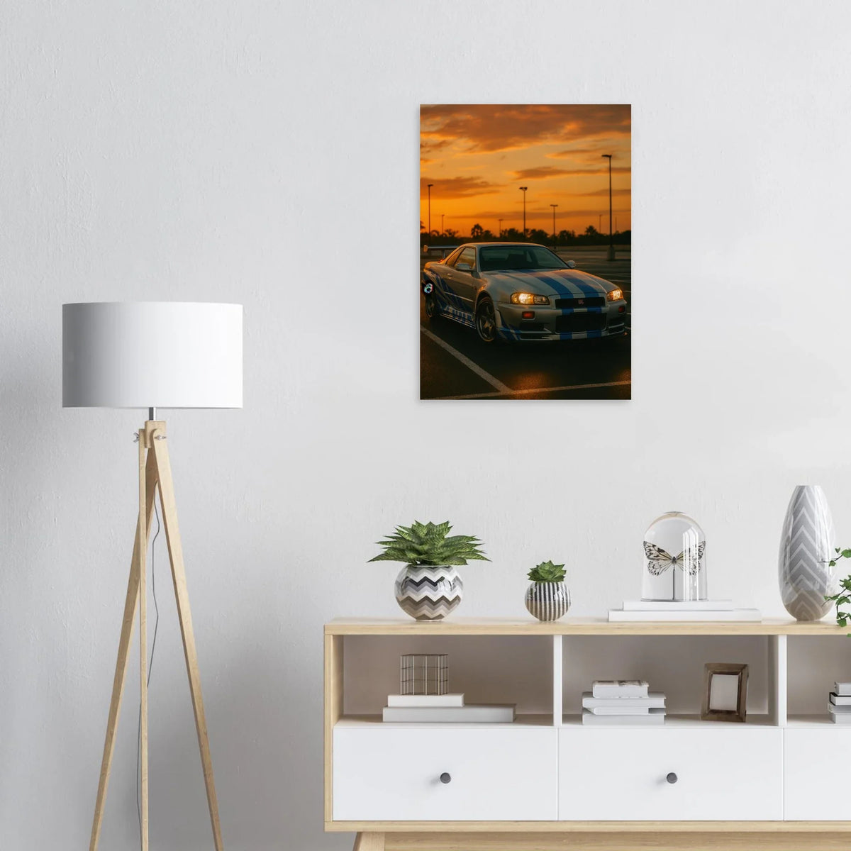 Iconic Skyline GTR Sportbil Konstaffisch – Fånga Fartens Själ i Solnedgången