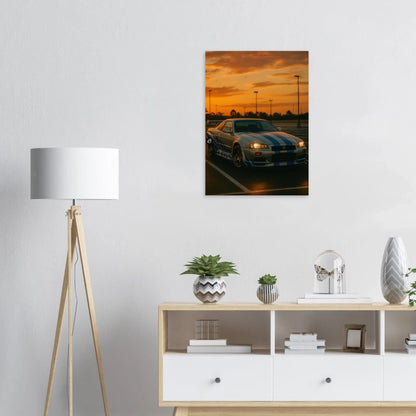Iconic Skyline GTR Sportbil Konstaffisch – Fånga Fartens Själ i Solnedgången