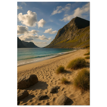 Serene Mountain Beach Horizon Poster – Coastal Beauty Print with Azure Waters & Golden Sand