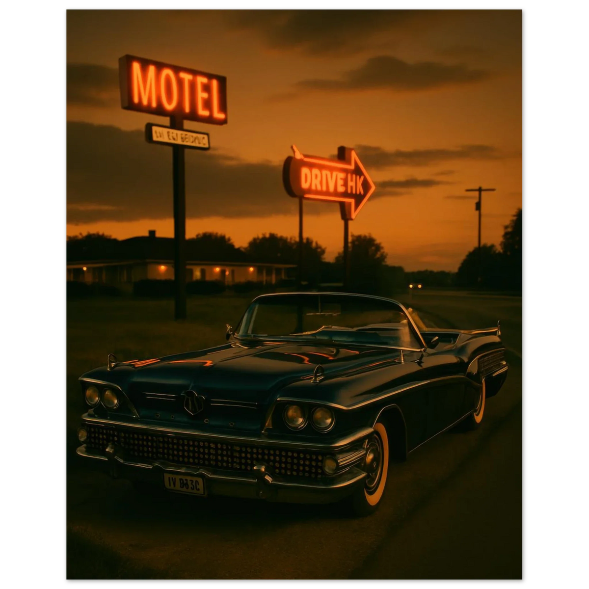 Vintage Sunset Motel Drive: Classic Car Poster - Timeless Retro Vibes