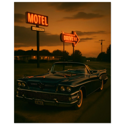 Vintage Sunset Motel Drive: Classic Car Poster - Timeless Retro Vibes