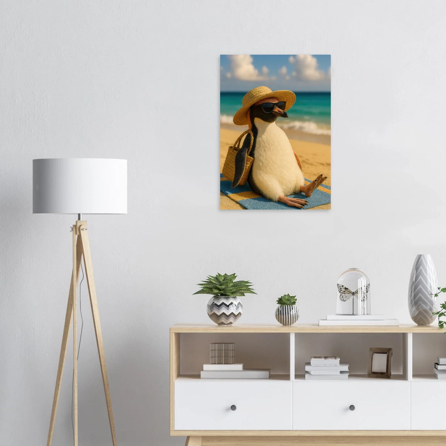 Djur: "Beach Bum Penguin" – Avkopplande Konsttryck för En Touch av Sommarglädje