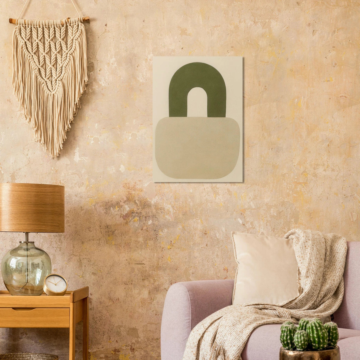 Abstrakt minimalistisk hänglåsdesign poster – Mjuk beige och armygrön väggkonst i premiumkvalitet