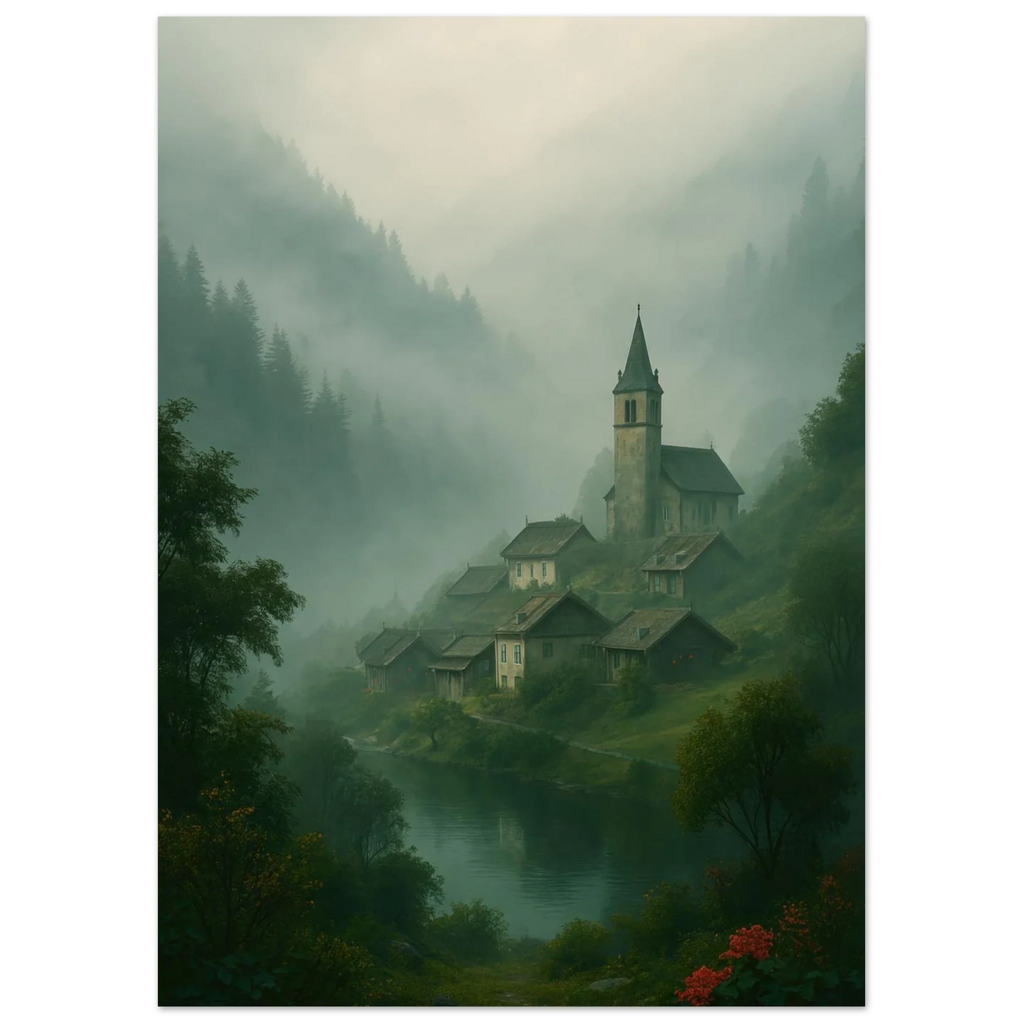 Mystical Alpine Village Foggy Landscape Poster - Evocative Mountain Scenery Art Print in Various Sizes