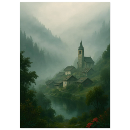 Mystical Alpine Village Foggy Landscape Poster - Evocative Mountain Scenery Art Print in Various Sizes