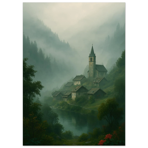 Mystical Alpine Village Foggy Landscape Poster - Evocative Mountain Scenery Art Print in Various Sizes