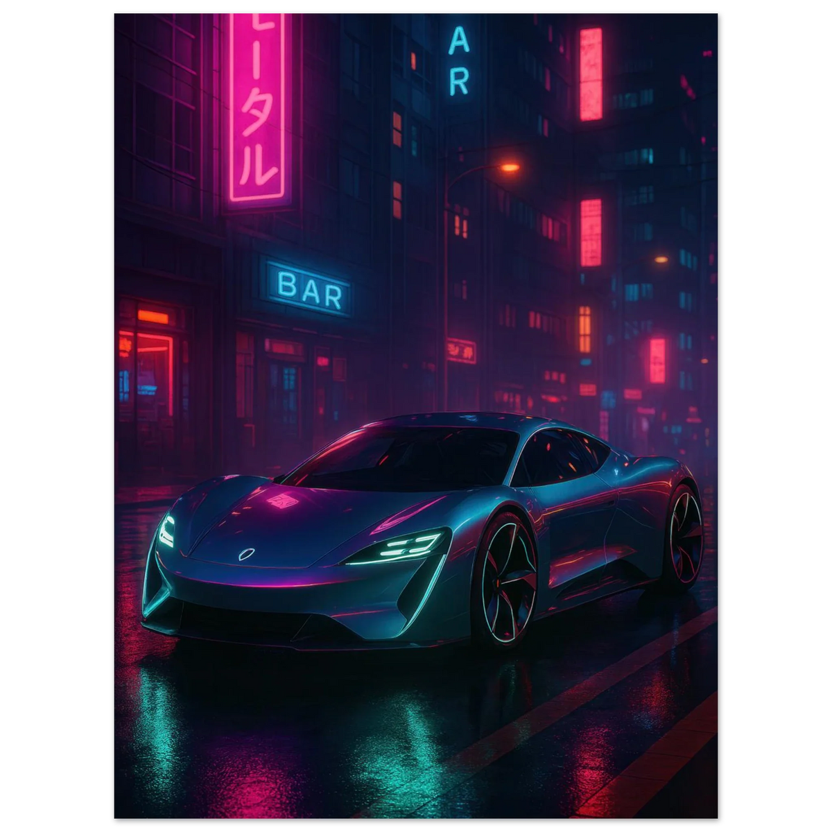 Neon Night Rider: Futuristic Car Street Art Print