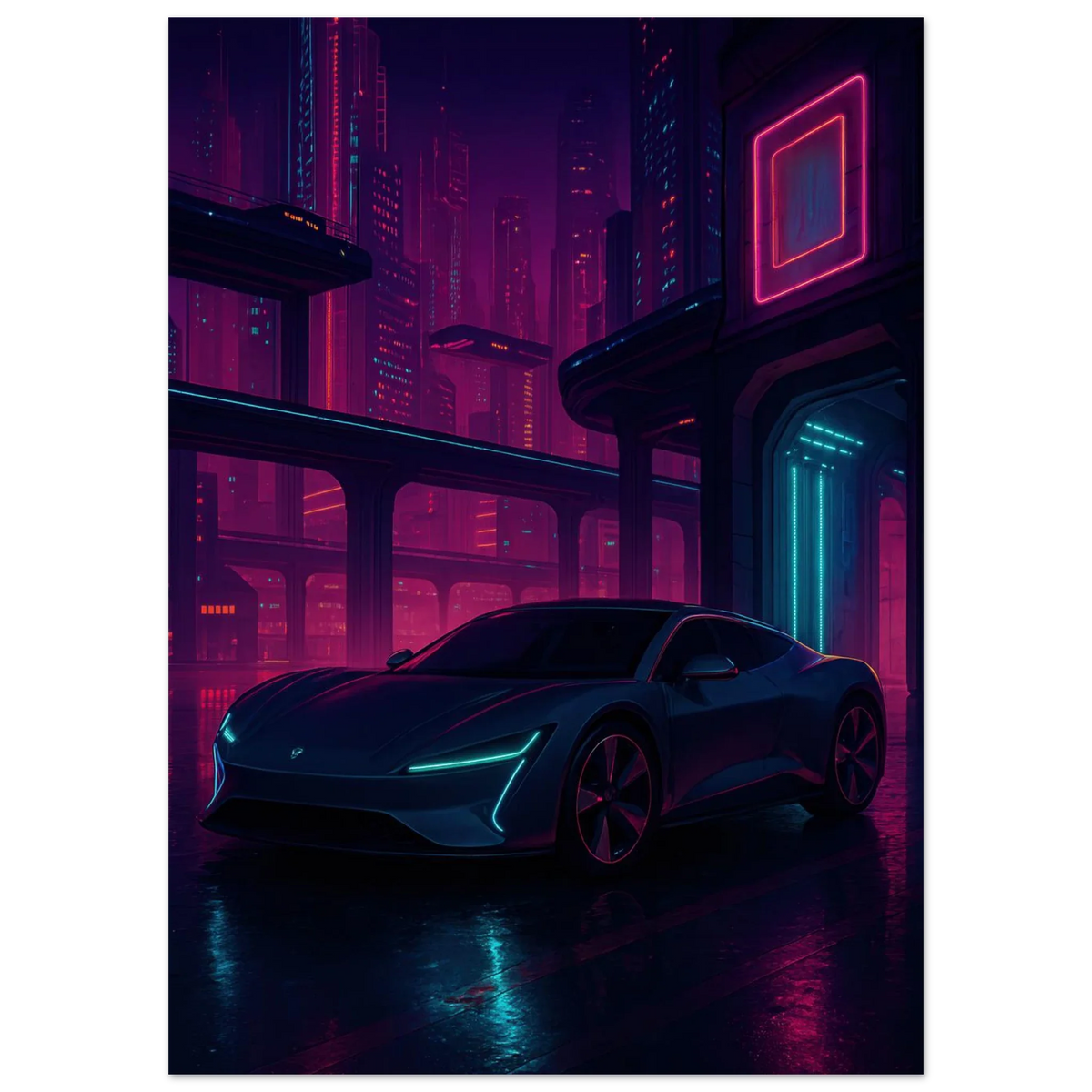 Neon Night Drive: Futuristic Cyberpunk Car Art Print – Bilar Collection