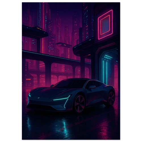 Neon Night Drive: Futuristic Cyberpunk Car Art Print – Bilar Collection