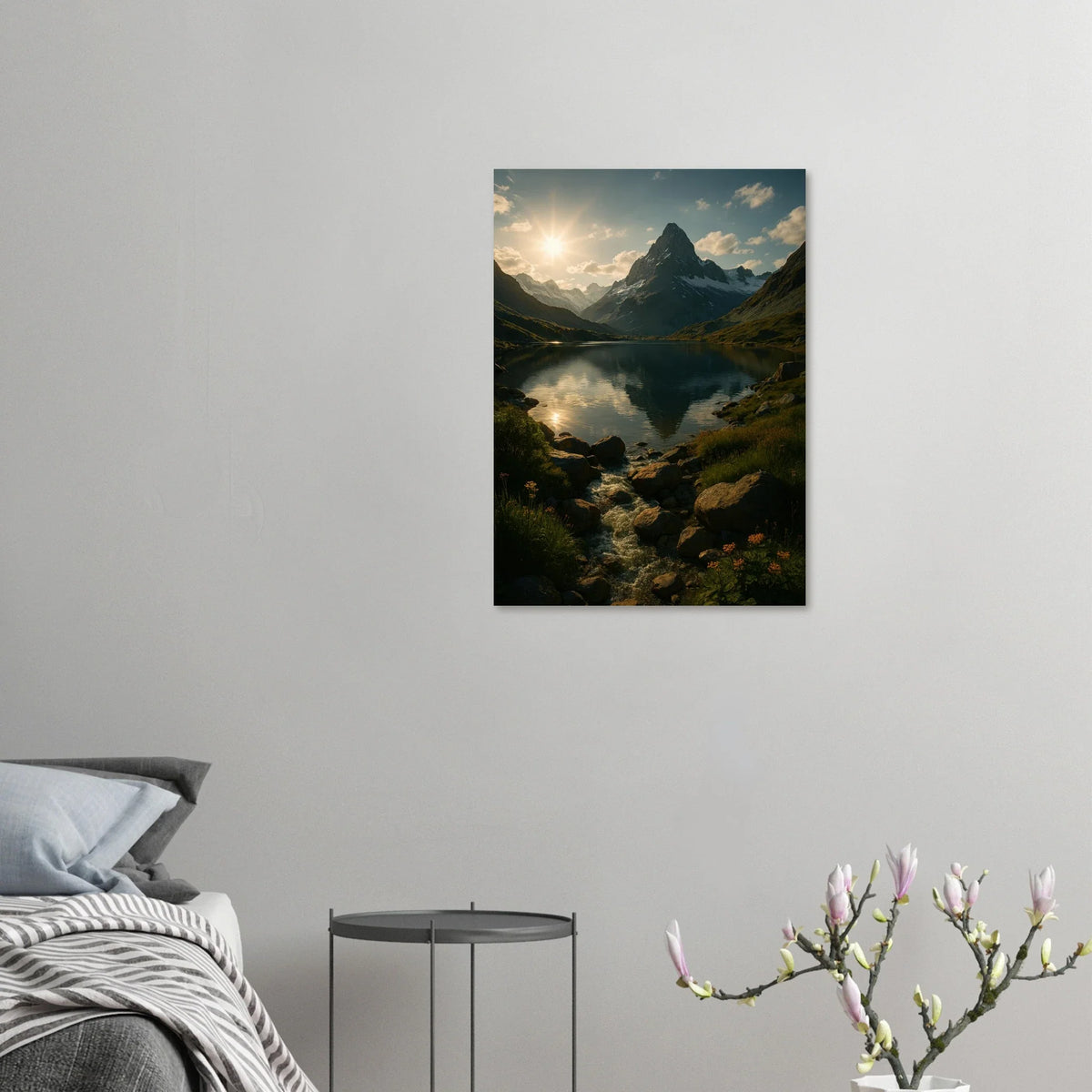 Alps Sunset Majesty: Serene Mountain Lake & Golden Light Poster in Various Sizes