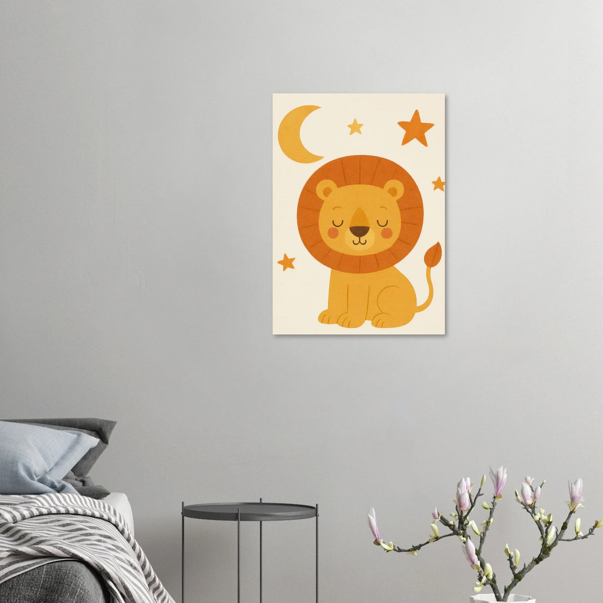 Sleepy Lion Cub Poster - Whimsical Nursery Art in Warm Gold & Orange Hues