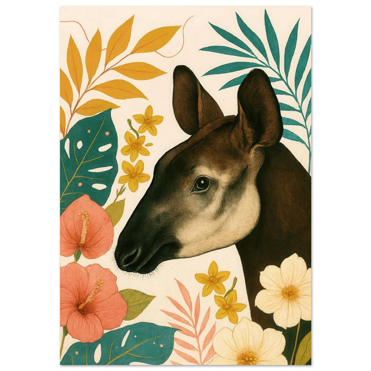 Djur: Okapi i Tropisk Flora Konsttryck - Halvblank Premium Affisch i Flera Storlekar