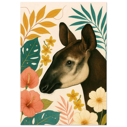 Djur: Okapi i Tropisk Flora Konsttryck - Halvblank Premium Affisch i Flera Storlekar