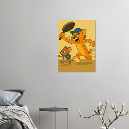 Katt Poster – Katt Jagar Mus med Stekpanna | Premium Halvblankt Papper
