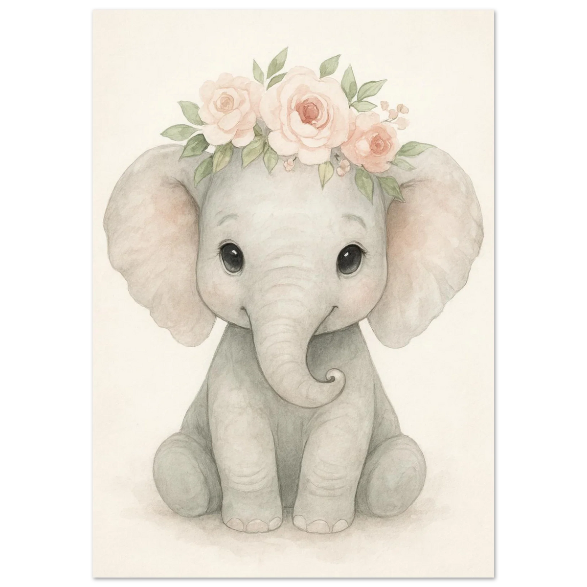 Söt Baby Elefant med Blomsterkrans – Akvarellkonsttryck för Barnrummet