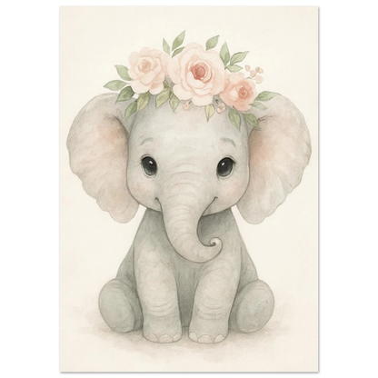 Söt Baby Elefant med Blomsterkrans – Akvarellkonsttryck för Barnrummet