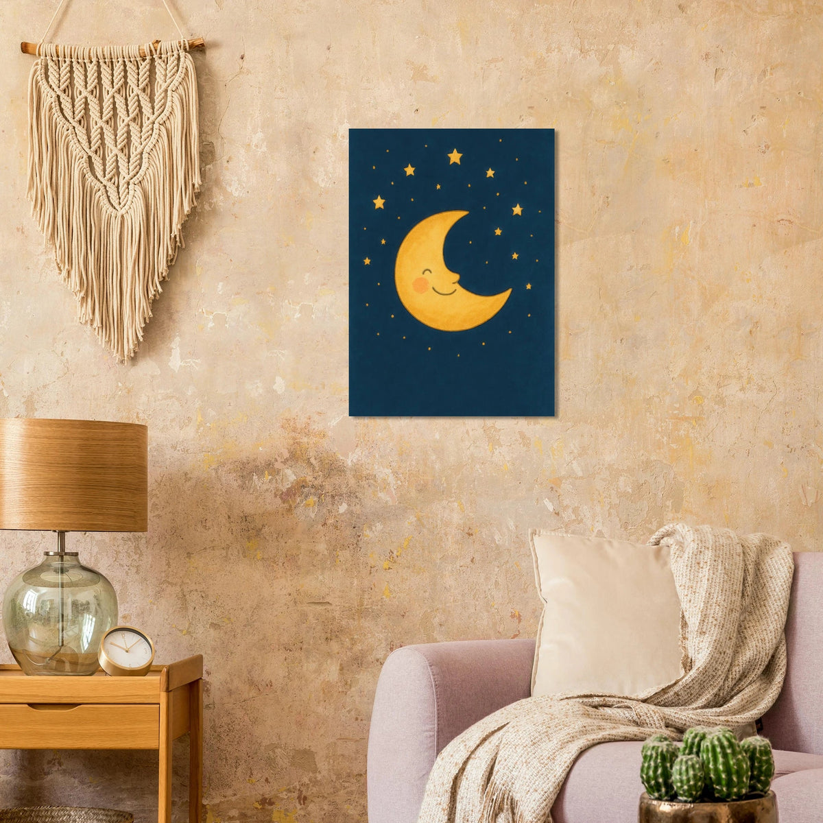 Smiling Crescent Moon & Stars Art Print – Whimsical Nursery & Kids Room Decor