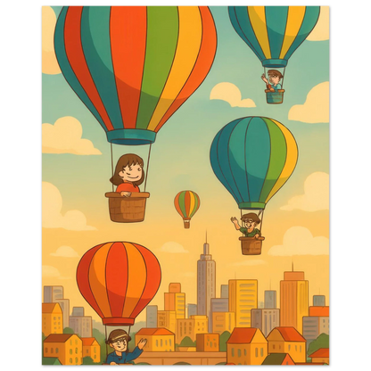 Barn: Whimsical Hot Air Balloon Cityscape Art Print – Elevate Your Space with Retro Charm
