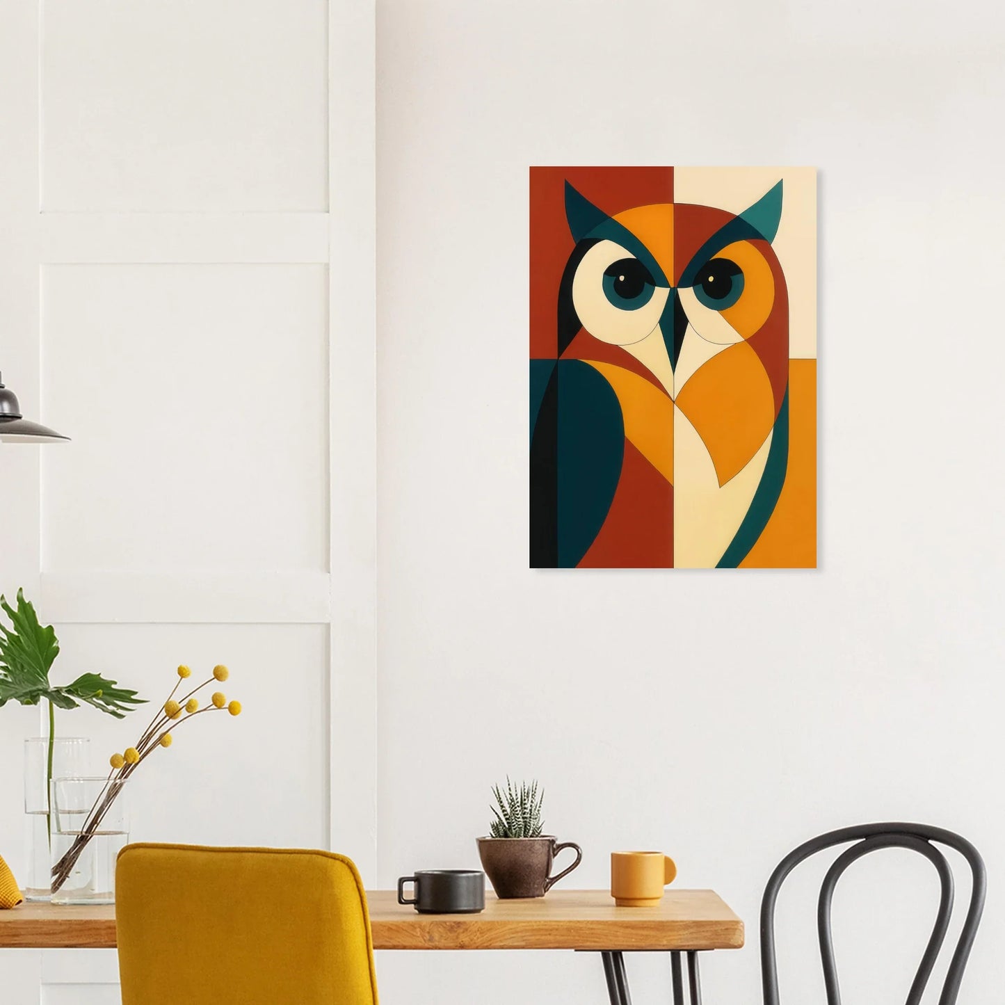 Abstrakt Ugglekonsttryck - Retro Geometriskt Djurväggkonst i Varma Jordtoner