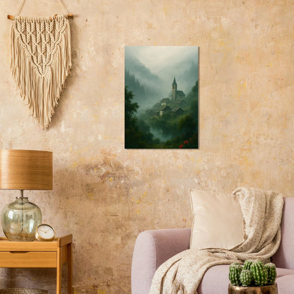 Mystical Alpine Village Foggy Landscape Poster - Evocative Mountain Scenery Art Print in Various Sizes