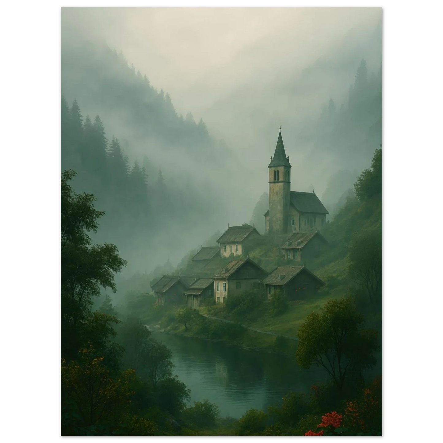 Mystical Alpine Village Foggy Landscape Poster - Evocative Mountain Scenery Art Print in Various Sizes
