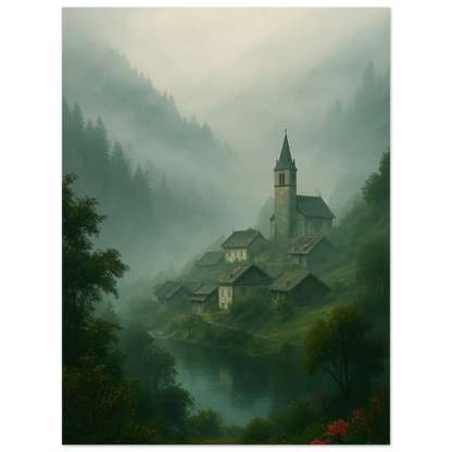 Mystical Alpine Village Foggy Landscape Poster - Evocative Mountain Scenery Art Print in Various Sizes
