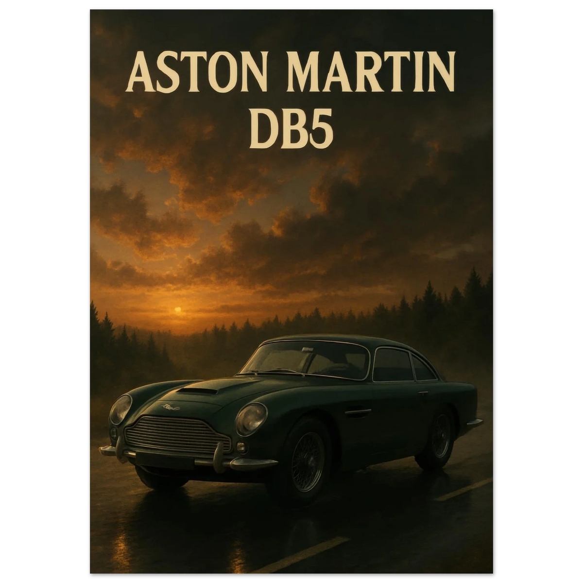 Aston Martin DB5 Sunset Drive Poster – Timeless Elegance in Premium Print