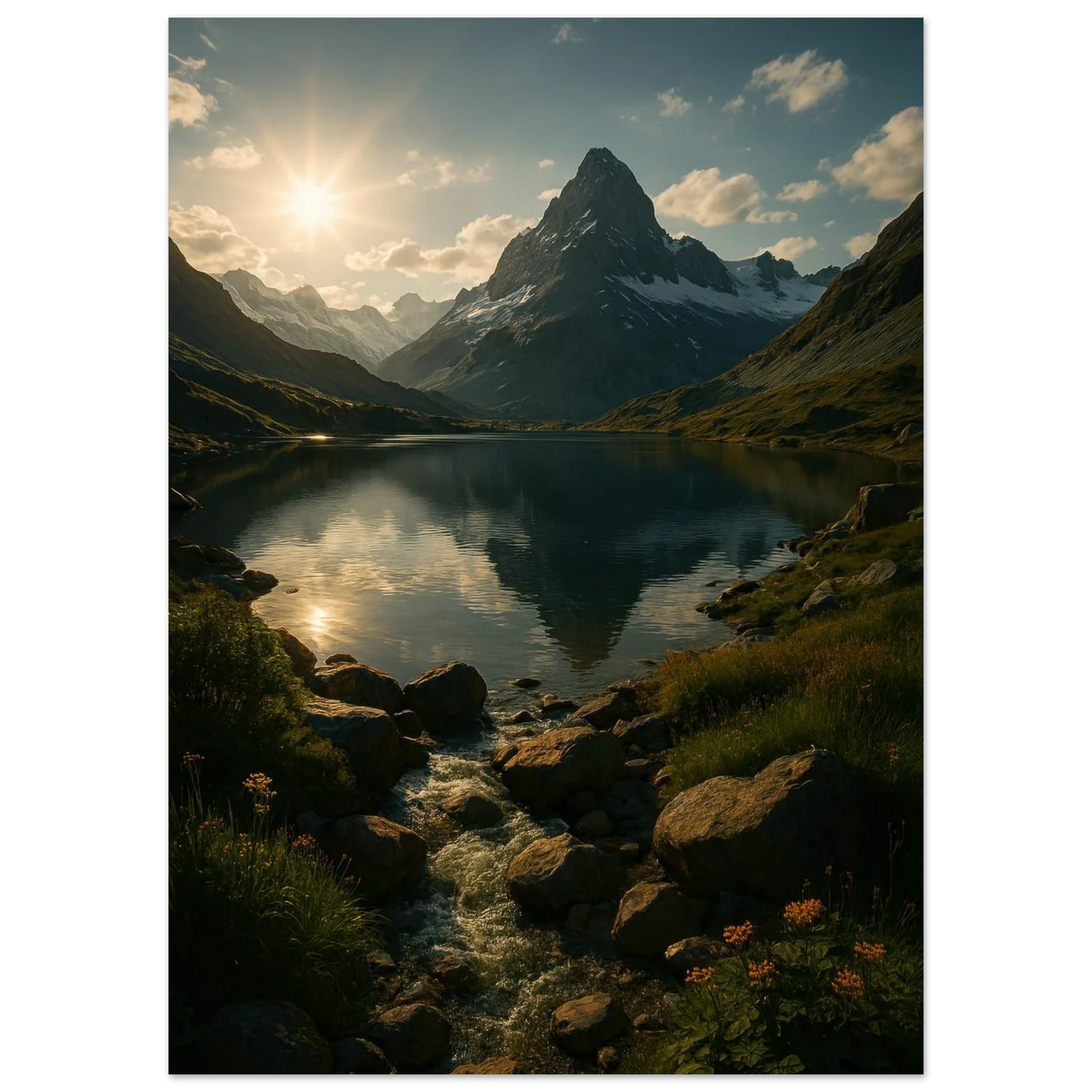 Alps Sunset Majesty: Serene Mountain Lake & Golden Light Poster in Various Sizes