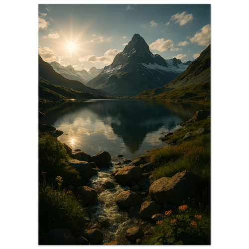 Alps Sunset Majesty: Serene Mountain Lake & Golden Light Poster in Various Sizes
