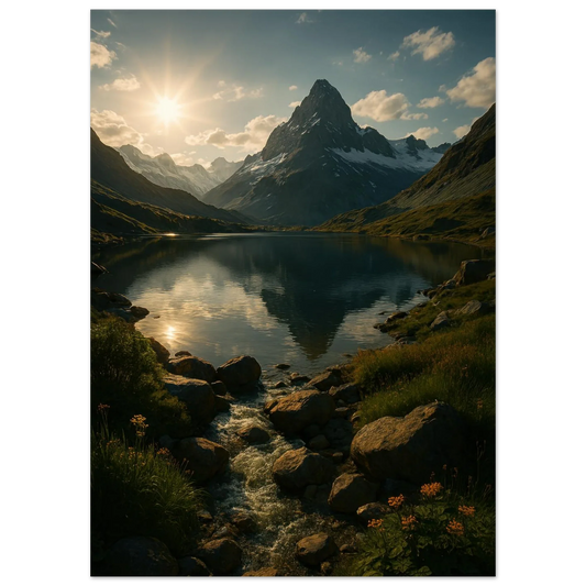 Alps Sunset Majesty: Serene Mountain Lake & Golden Light Poster in Various Sizes