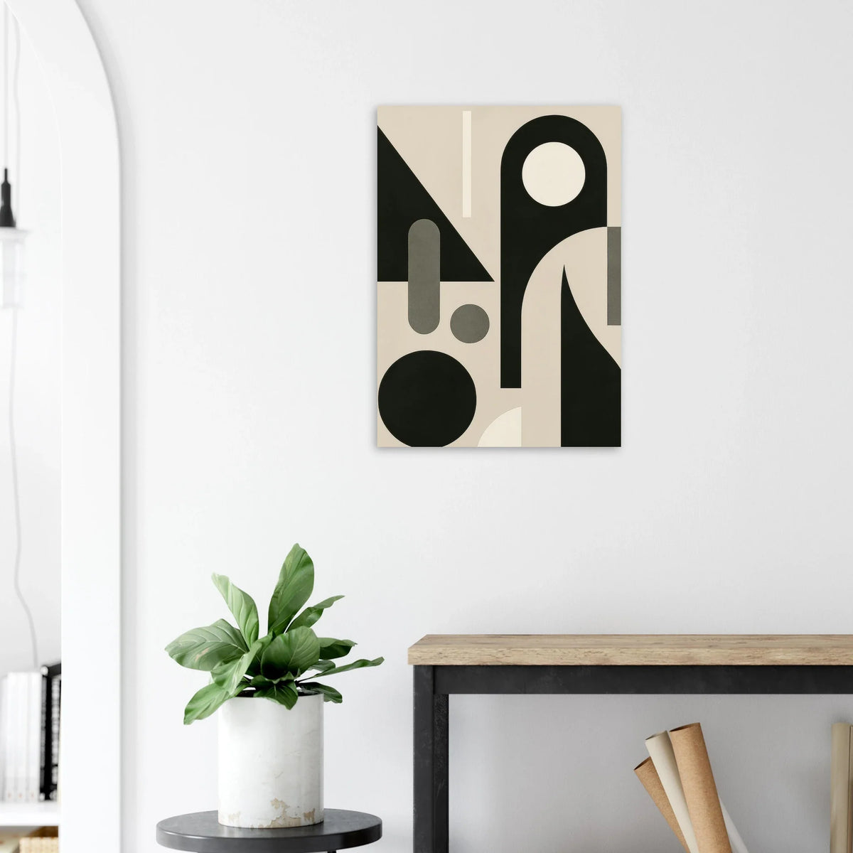 Minimalist Bauhaus Inspired Abstract Art Poster - Geometric Shapes in Beige & Black