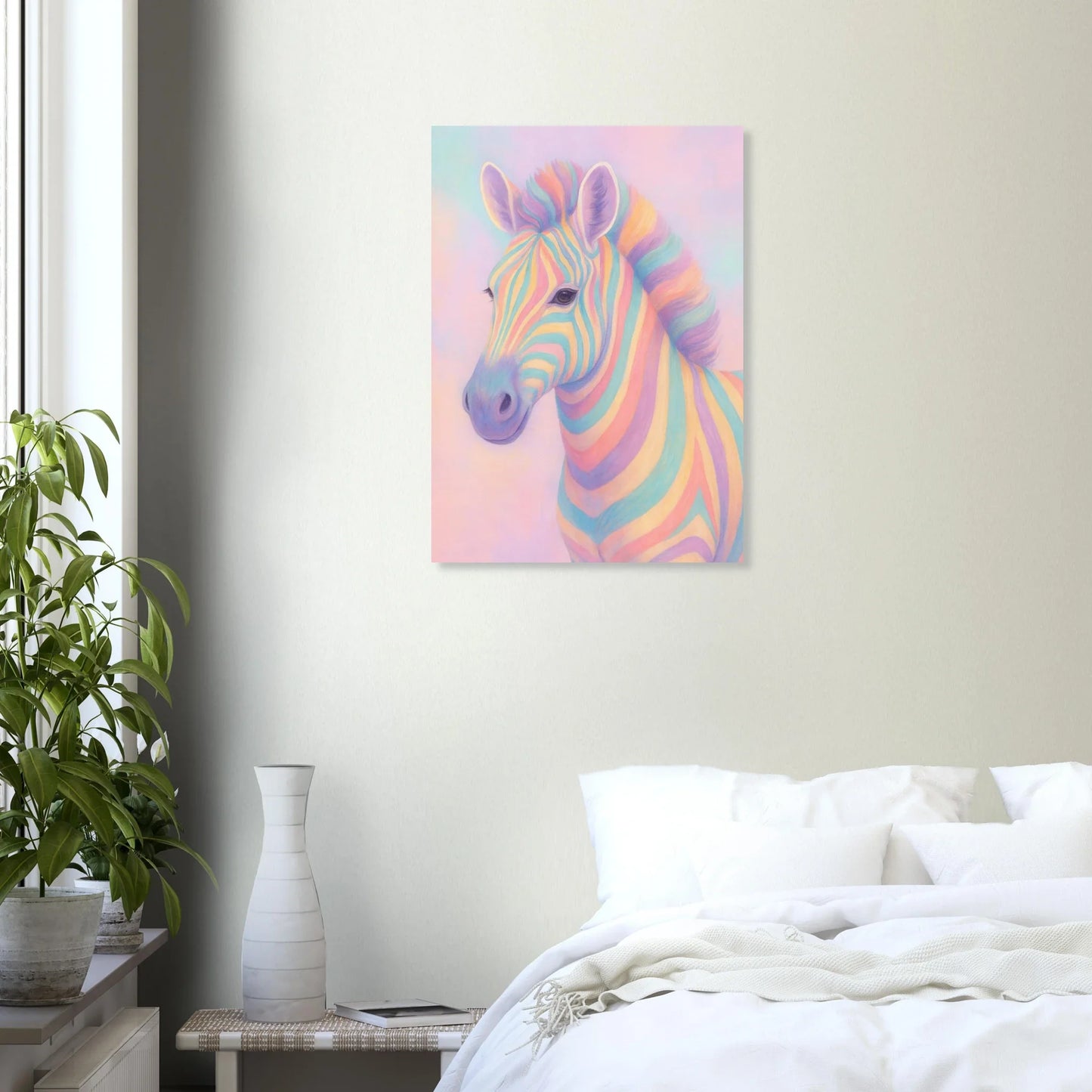 Pastell Zebra Djur Konsttryck – Färgstark och Drömsk Väggkonst i Olika Storlekar