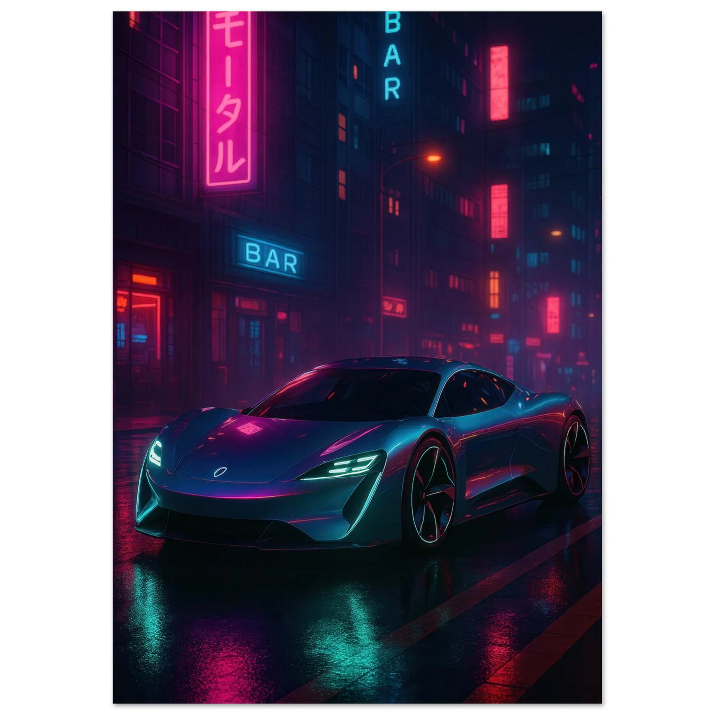 Neon Night Rider: Futuristic Car Street Art Print