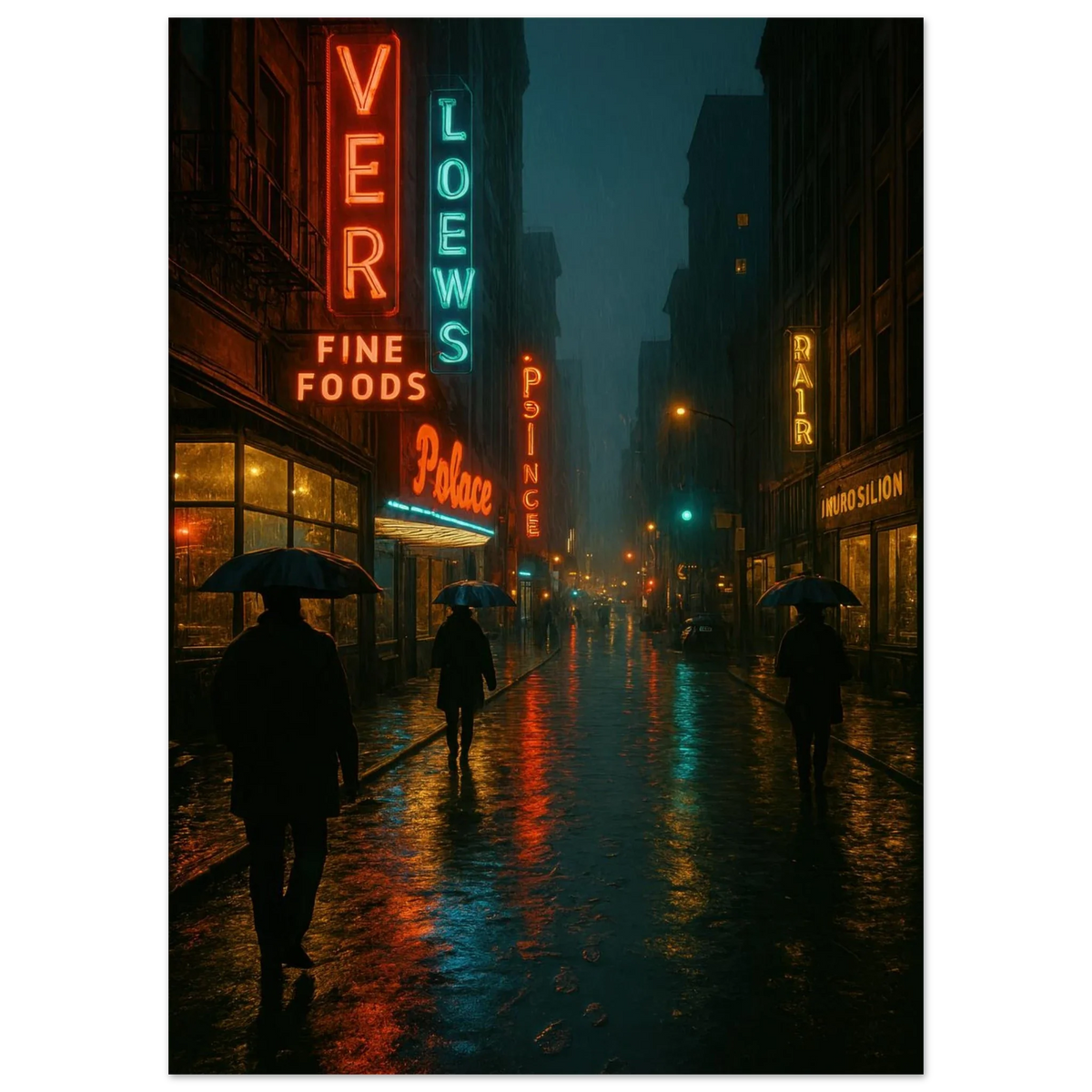 Neon Nights Rainwalk Poster - Urban Noir Cityscape Art Print in Various Sizes