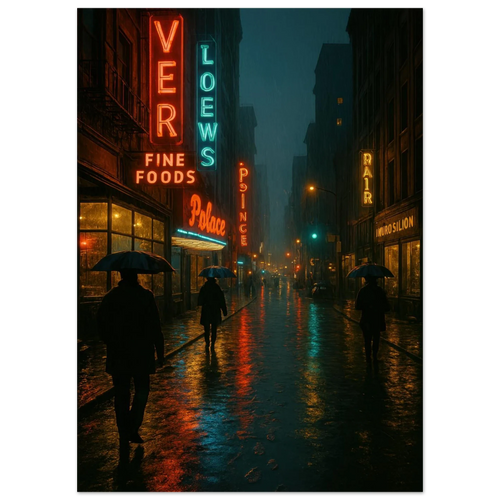 Neon Nights Rainwalk Poster - Urban Noir Cityscape Art Print in Various Sizes