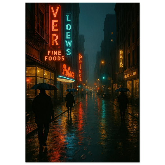 Neon Nights Rainwalk Poster - Urban Noir Cityscape Art Print in Various Sizes