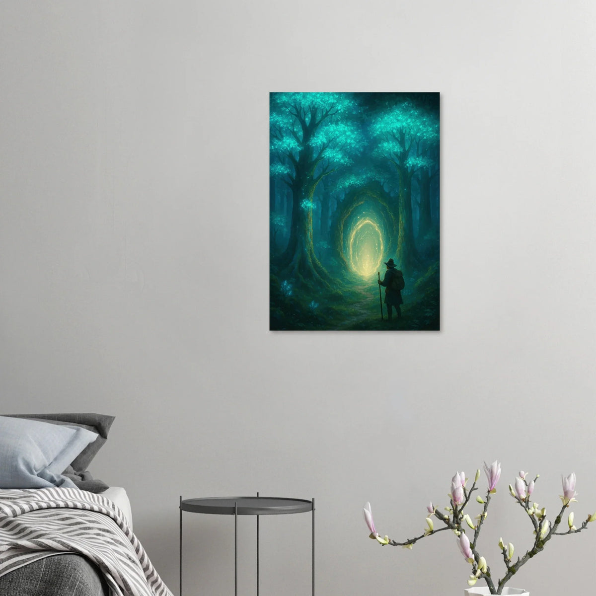 Mystisk Skog Portal Poster - Förtrollande Konsttryck med Lysande Träd & Äventyrare